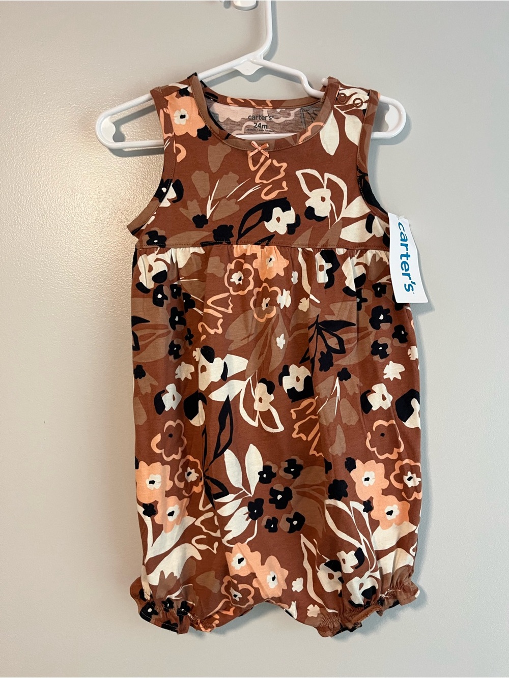 Carter's Brown Floral Sleeveless Romper with Cream & Black Flowers